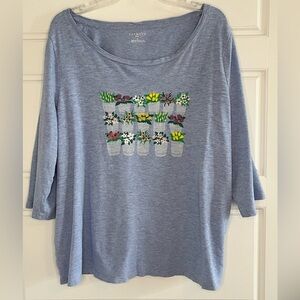 Talbots Plus 100% Cotton 3/4 Sleeve “Flower Pots” Graphic T-Shirt Size 1X